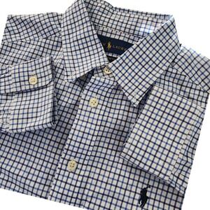 Ralph Lauren Shirt Boys L/14-16 Stretch Dress Blue Checkered Button Down Classy‎